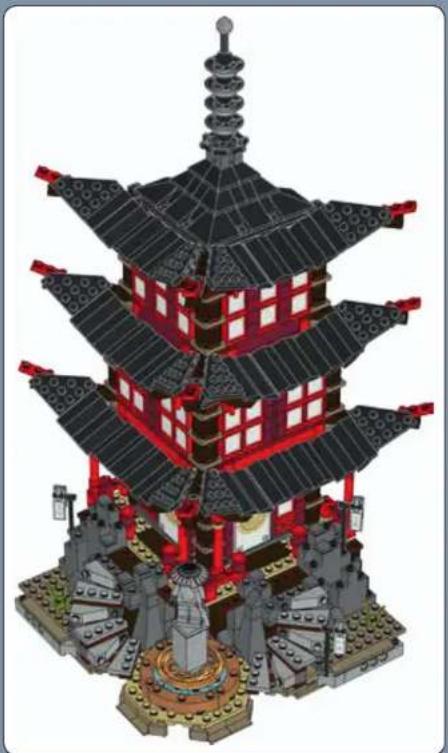 3D model of a multi-tiered traditional Japanese pagoda with red walls and black tiled roofs, surrounded by stone lions (no text or symbols visible)