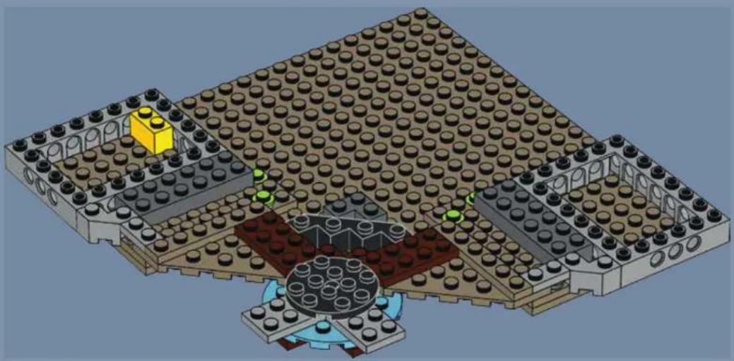 3D architectural rendering of a LEGO building complex with multiple levels and structural elements (no text or symbols visible)