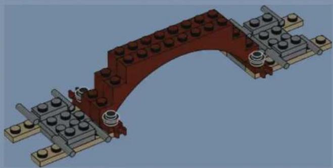 3D rendering of a red and gray LEGO structural bracket with bolt holes and mounting feet (no text or symbols)