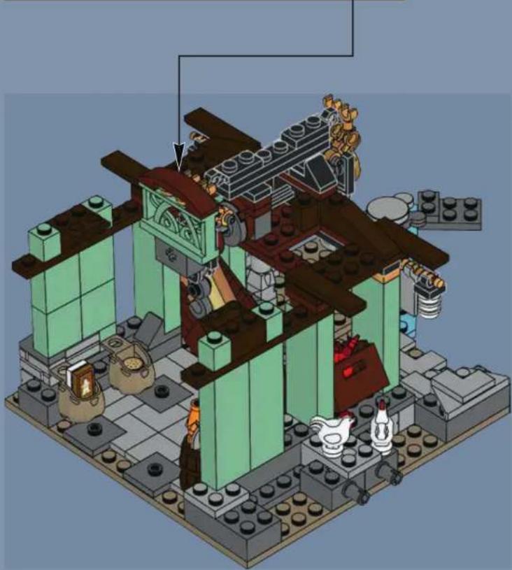 Isometric architectural model of a multi-story building with green walls, brickwork, and decorative elements (no text or symbols visible)