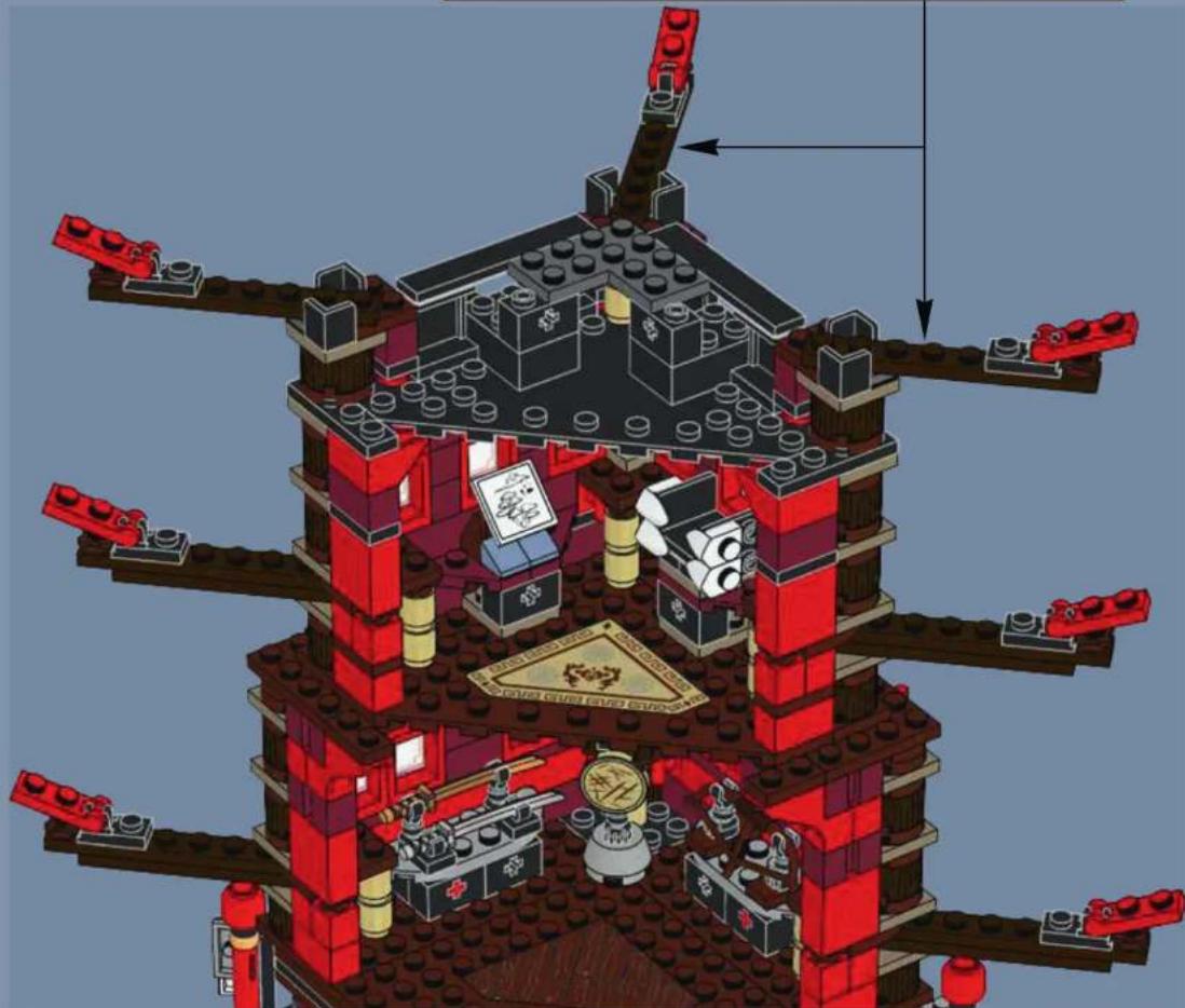 3D architectural model of a LEGO building with red pillars and structural elements, no visible text or symbols