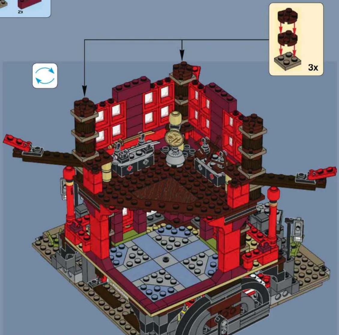 Lego assembly diagram showing 3x and 2x speedup instructions on a building structure with labeled components and directional arrows.