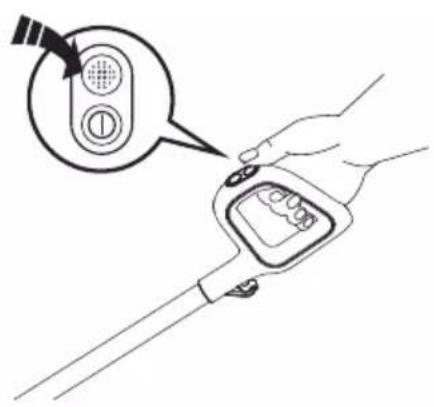 Diagram showing a hand holding a blood glucose meter with a dial indicator and a speech bubble highlighting the function.