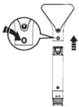 Diagram of a device with labeled parts and directional arrows, showing a funnel and mechanical components.