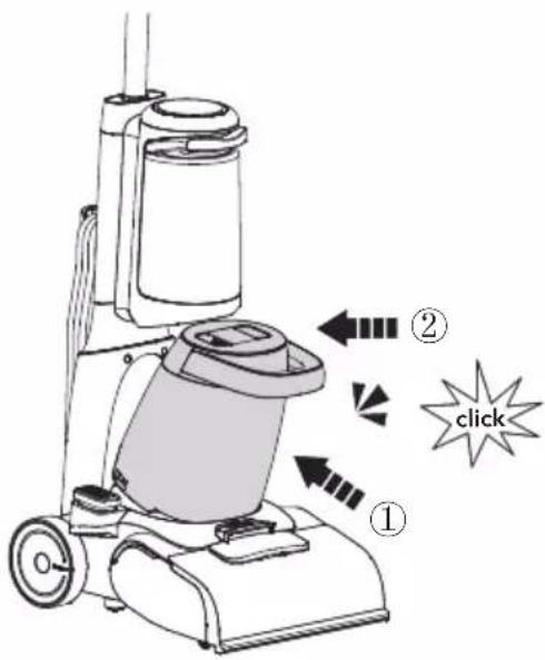 Diagram of a vacuum cleaner with labeled parts and click instructions