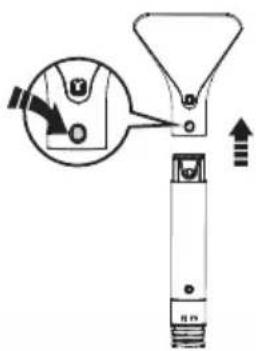Diagram of a handheld device with labeled parts and directional arrows indicating action or movement