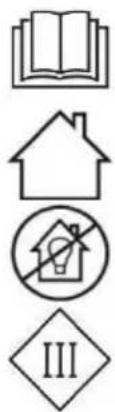 Image displaying five symbols: open book, house, prohibition symbol, and diamond with 'III' label