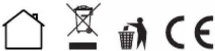 Image displaying four symbols: a house, a crossed-out trash bin, a person in a basket, and a partial 'CE' text.