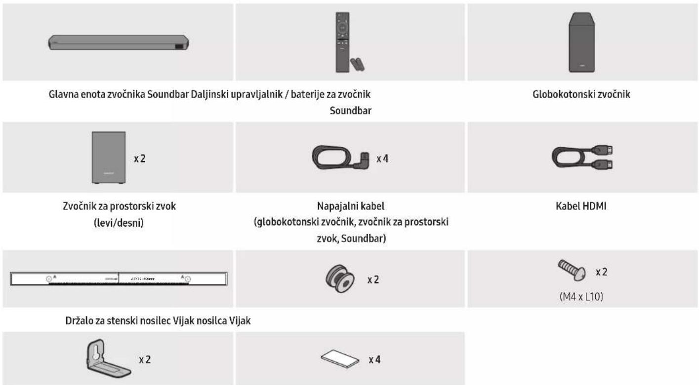 Glavna enota zvočnika Soundbar Daljinski upravljalnik / baterije za zvočnik Soundbar Globokotonski zvočnik x 2 x 4 Zvočnik za prostorski zvok (levi/desni) Napajalni kabel (globokotonski zvočnik, zvočnik za prostorski zvok, Soundbar) Kabel HDMI x 2 x 2 (M4 x L10) Držalo za stenski nosilec Vijak nosilca Vijak x 2 x 4