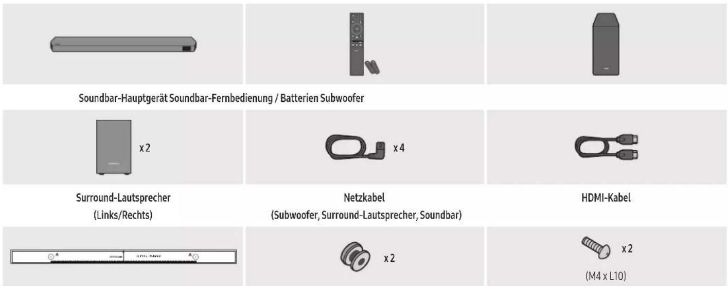 Soundbar-Hauptgerät Soundbar-Fernbedienung / Batterien Subwoofer x 2 x 4 Surround-Lautsprecher (Links/Rechts) Netzkabel (Subwoofer, Surround-Lautsprecher, Soundbar) HDMI-Kabel x 2 x 2 (M4 x L10)