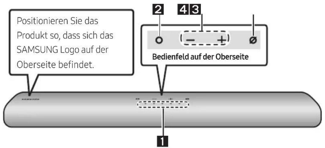 Positionieren Sie das Produkt so, dass sich das SAMSUNG Logo auf der Oberseite befindet. Bedienfeld auf der Oberseite 1 2 4 3
