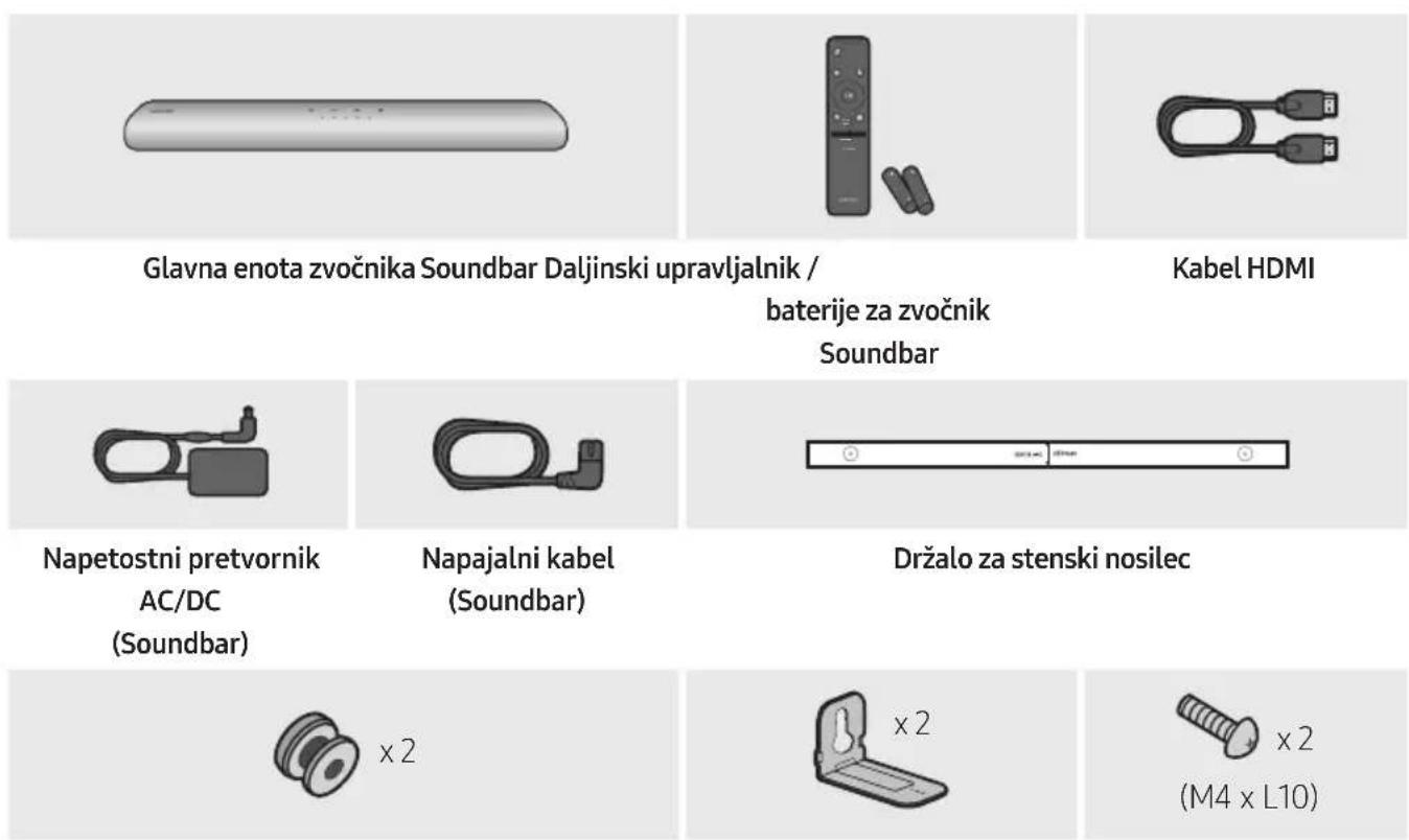 Glavna enota zvočnika Soundbar Daljinski upravljalnik / baterije za zvočnik Soundbar Kabel HDMI Napetostni pretvornik AC/DC (Soundbar) Napajalni kabel (Soundbar) Držalo za stenski nosilec x 2 x 2 x 2 (M4 x L10)