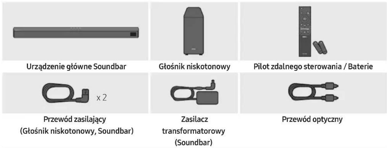 Urządzenie główne Soundbar Głośnik niskotonowy Pilot zdalnego sterowania / Baterie Przewód zasilający (Głośnik niskotonowy, Soundbar) Zasilacz transformatorowy (Soundbar) Przewód optyczny