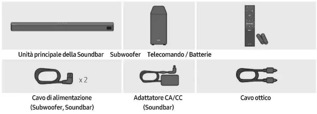 Unità principale della Soundbar Subwoofer Telecomando / Batterie Cavo di alimentazione (Subwoofer, Soundbar) Adattatore CA/CC (Soundbar) Cavo ottico