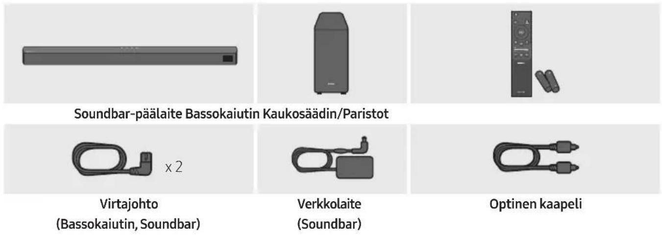 Soundbar-päälaite Bassokaiutin Kaukosäädin/Paristot × 2 Virtajohto (Bassokaiutin, Soundbar) Verkkolaite (Soundbar) Optinen kaapeli