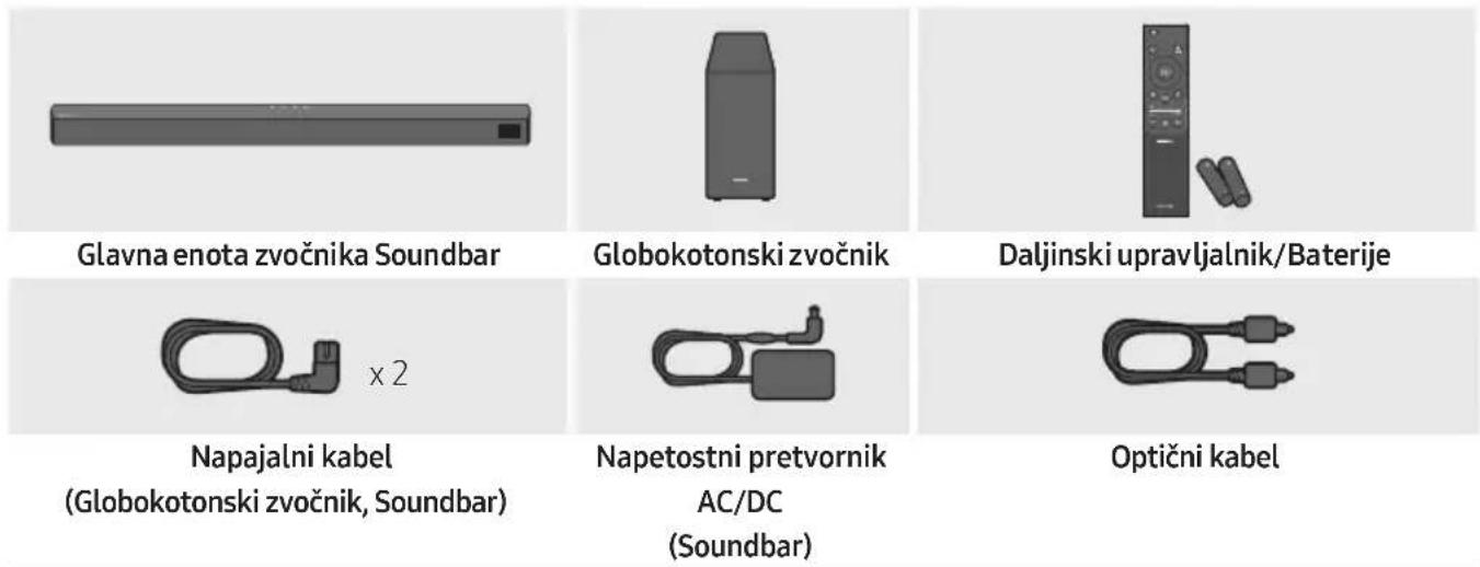 Glavna enota zvočnika Soundbar Globokotonski zvočnik Daljinski upravljalnik/Baterije x 2 Napajalni kabel (Globokotonski zvočnik, Soundbar) Napetostni pretvornik AC/DC (Soundbar) Optični kabel
