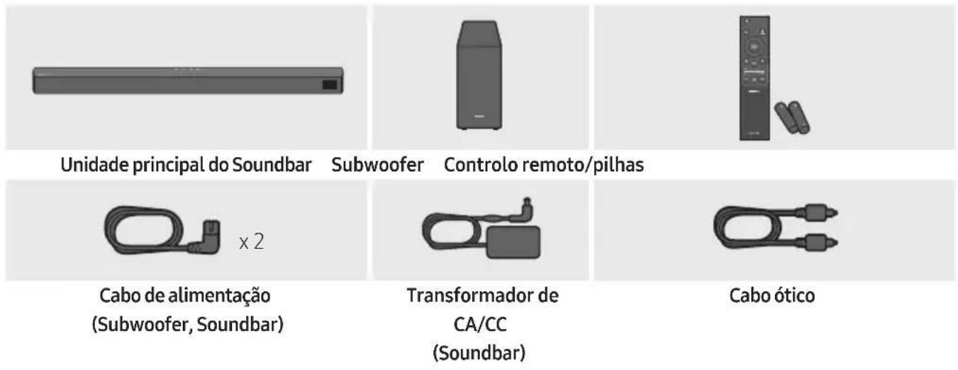 Unidade principal do Soundbar Subwoofer Controlo remoto/pilhas x 2 Cabo de alimentação (Subwoofer, Soundbar) Transformador de CA/CC (Soundbar) Cabo ótico