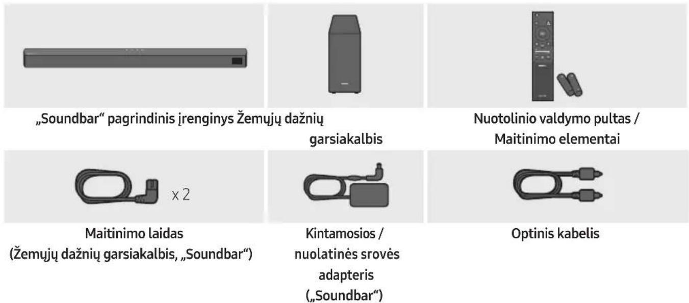 "Soundbar" pagrindinis jrenginys Žemujų dažnių garsiakalbis Nuotolinio valdymo pultas / Maitinimo elementai x 2 Maitinimo laidas (Žemujų dažnių garsiakalbis, „Soundbar“) Kintamosios / nuolatinės srovės adapteris („Soundbar“) Optinis kabelis