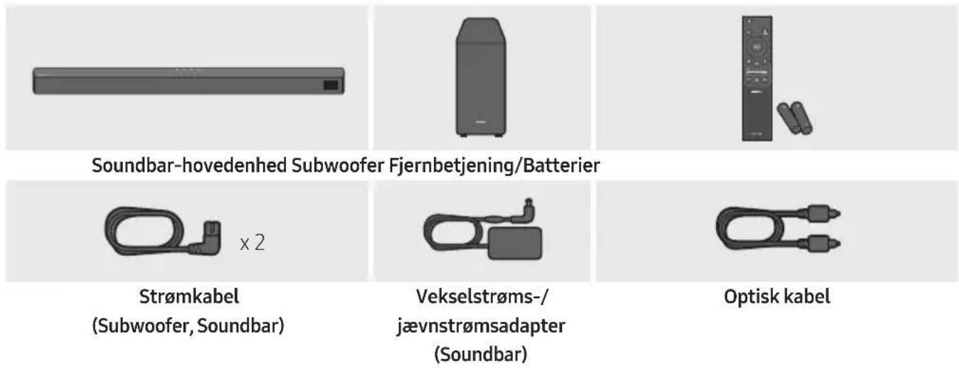 Soundbar-hovedenhed Subwoofer Fjernbetjening/Batterier Strømkabel (Subwoofer, Soundbar) Vekselstrøms-/ jævnstrømsadapter (Soundbar) Optisk kabel