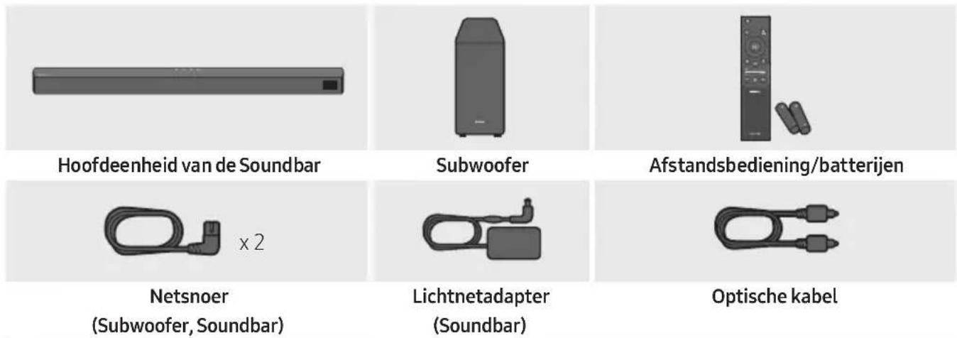 Hoofdeenheid van de Soundbar Subwoofer Afstandsbediening/batterijen Netsnoer (Subwoofer, Soundbar) Lichtnetadapter (Soundbar) Optische kabel