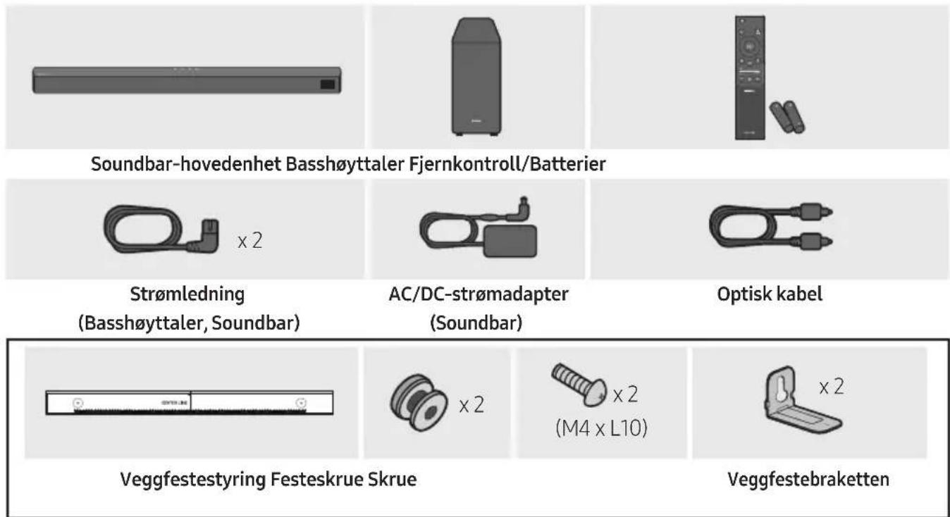 Soundbar-hovedenhet Basshøyttaler Fjernkontroll/Batterier Strømledning (Basshøyttaler, Soundbar) AC/DC-strømadapter (Soundbar) Optisk kabel Veggfestestyring Festeskrue Skrue Veggfestebraketten