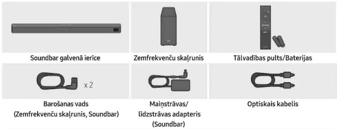 Soundbar galvenā ierīce Zemfrekvenču skaļrunis Tālvadības pults/Baterijas x 2 Barošanas vads (Zemfrekvenču skaļrunis, Soundbar) Mainstrāvas/ līdzstrāvas adapteris (Soundbar) Optiskais kabelis