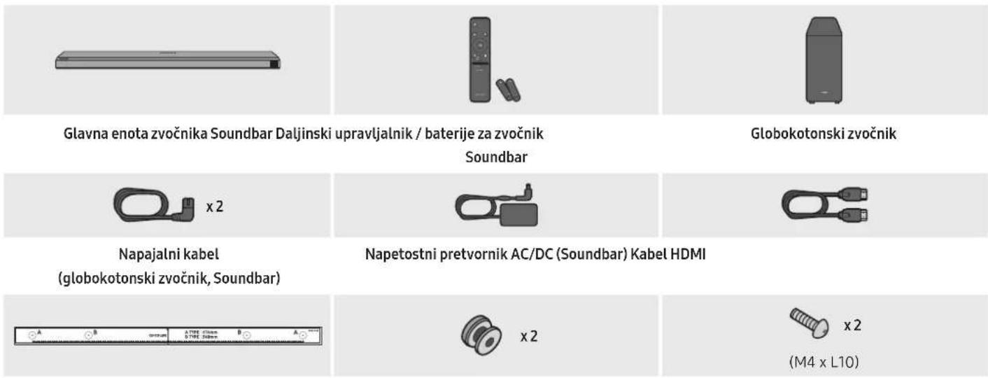 Glavna enota zvočnika Soundbar Daljinski upravljalnik / baterije za zvočnik Soundbar Globokotonski zvočnik x 2 Napajalni kabel (globokotonski zvočnik, Soundbar) Napetostni pretvornik AC/DC (Soundbar) Kabel HDMI x 2 x 2 (M4 x L10)