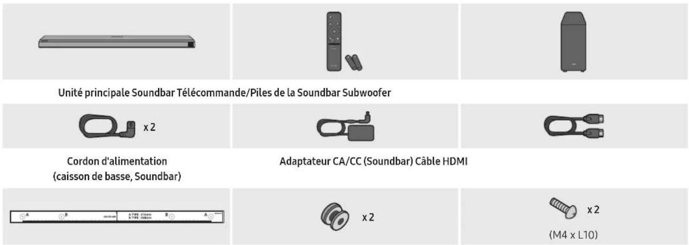Unité principale Soundbar Télécommande/Piles de la Soundbar Subwoofer Cordon d'alimentation (caisson de basse, Soundbar) Adaptateur CA/CC (Soundbar) Câble HDMI x 2 x 2 x 2 (M4 x L10)