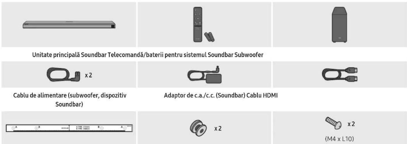 Unitate principală Soundbar Telecomandă/baterii pentru sistemul Soundbar Subwoofer x 2 Cablu de alimentare (subwoofer, dispozitiv Soundbar) Adaptor de c.a./c.c. (Soundbar) Cablu HDMI x 2 x 2 (M4 x L10)