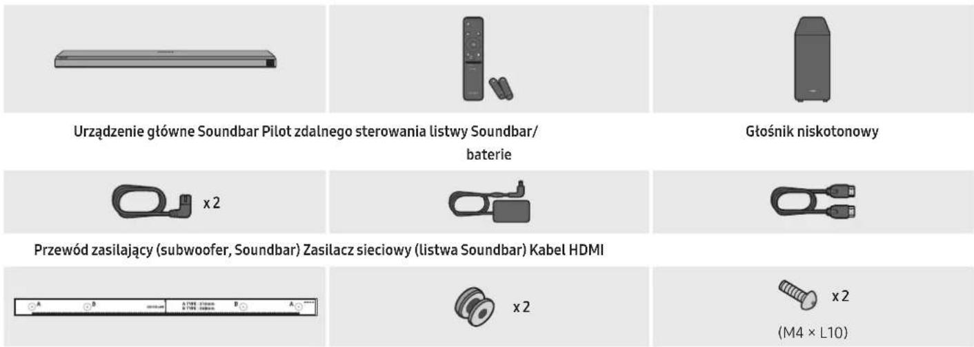 Urządzenie główne Soundbar Pilot zdalnego sterowania listwy Soundbar/ baterie Głośnik niskotonowy x 2 Przewód zasilający (subwoofer, Soundbar) Zasilacz sieciowy (listwa Soundbar) Kabel HDMI x 2 x 2 (M4 × L10)