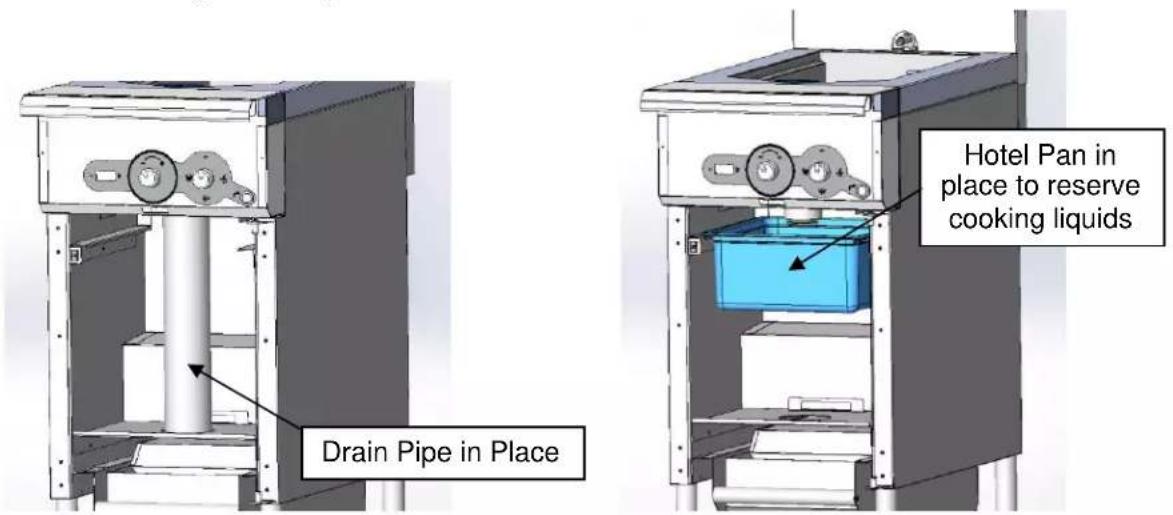 Drain Pipe in Place Hotel Pan in place to reserve cooking liquids