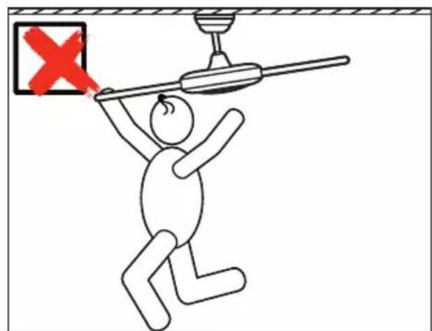 Safety warning illustration showing a person using a power tool to lift a ceiling lamp, with a red 'X' symbol indicating no need.
