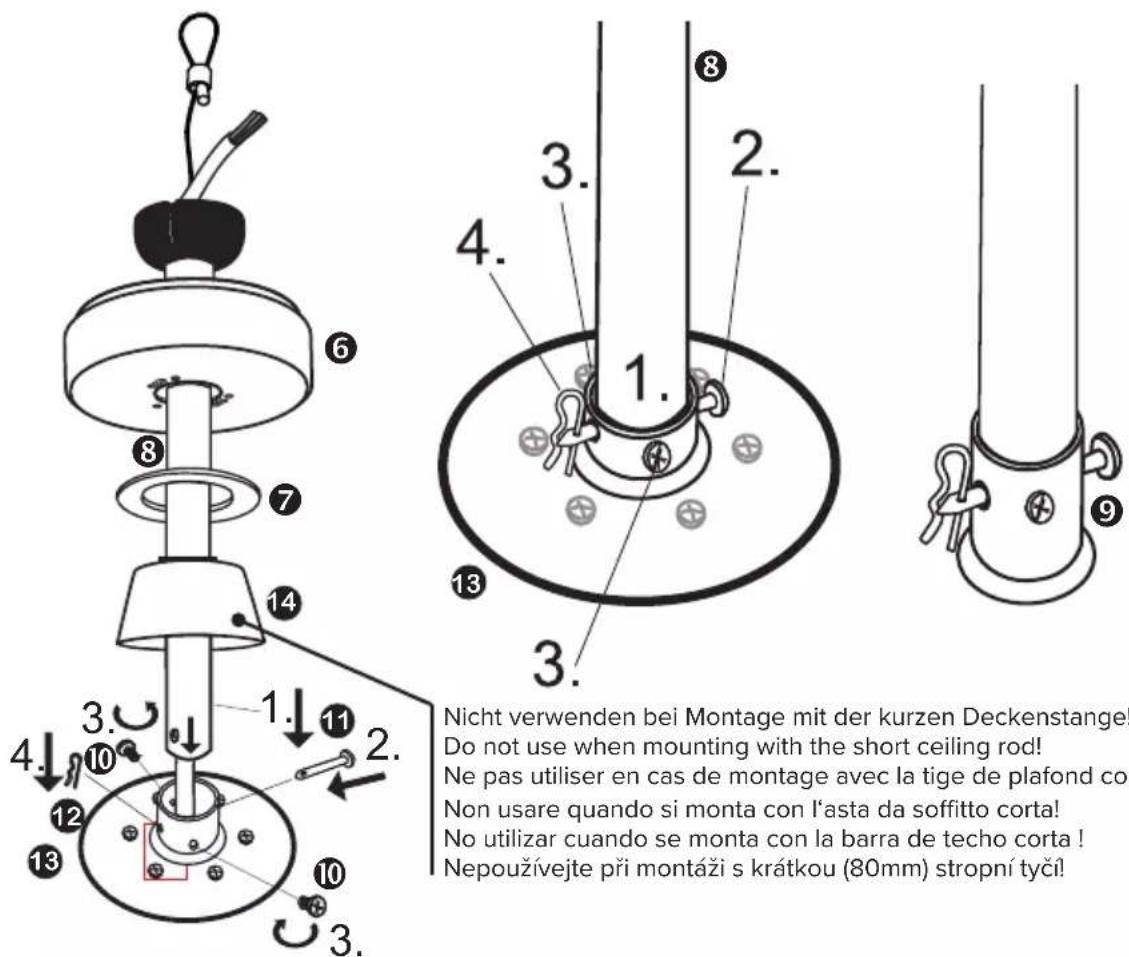 Nicht verwenden bei Montage mit der kurzen Deckenstange! Do not use when mounting with the short ceiling rod! Ne pas utiliser en cas de montage avec la tige de plafond cor Non usare quando si monta con l'asta da soffitto corta! No utilizar cuando se monta con la barra de techo corta ! Nepoužívejte při montáži s krátkou (80mm) stropní tyčí!