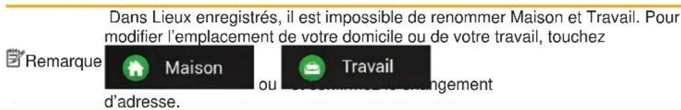 Dans Lieux enregistrés, il est impossible de renommer Maison et Travail. Pour modifier l'emplacement de votre domicile ou de votre travail, touchez Remarque Maison ou Travail d'adresse.