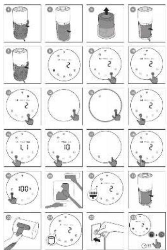 Grid of 16 illustrated diagrams showing a container with liquid, arrows, and a clock, illustrating a physics experiment or science problem.
