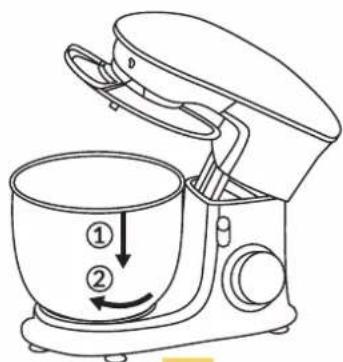 Diagram of a kitchen mixer with labeled parts and directional arrows indicating rotation or movement.