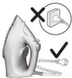 Diagram showing an iron on a power outlet with a magnified view indicating disassembly or disassembly of the socket.