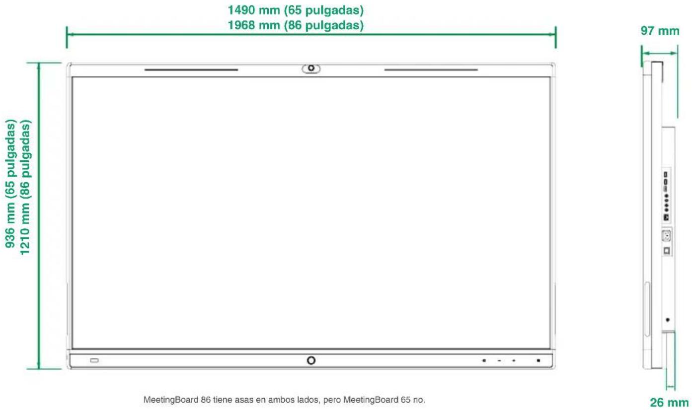 1490 mm (65 pulgadas) 1968 mm (86 pulgadas) 936 mm (65 pulgadas) 1210 mm (86 pulgadas) 97 mm MeetingBoard 86 tiene asas en ambos lados, pero MeetingBoard 65 no. 26 mm