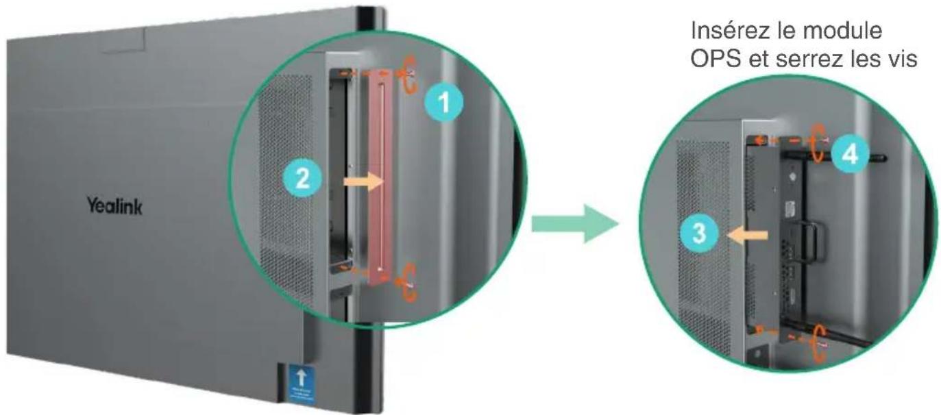 Yealink 1 2 3 4 Insérez le module OPS et serrez les vis