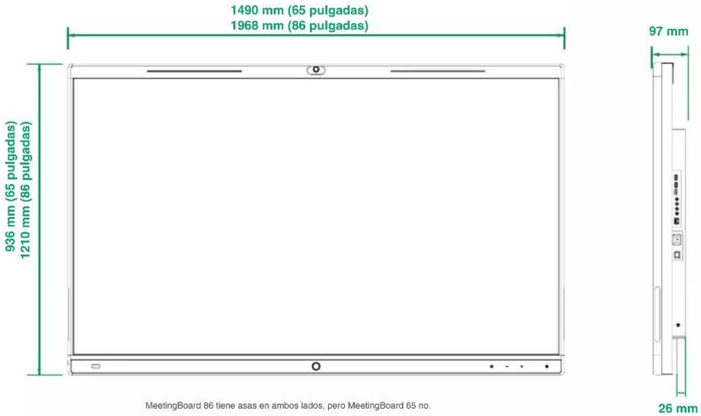 1490 mm (65 pulgadas) 1968 mm (86 pulgadas) 936 mm (65 pulgadas) 1210 mm (86 pulgadas) 97 mm MeetingBoard 86 tiene asas en ambos lados, pero MeetingBoard 65 no. 26 mm