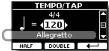 Dexibell Vivo H5 - Dans la même page d'affichage, vous pouvez régler le tempo à l'aide de l'indication Tempo. L'indication du tempo est généralement écrite au début de la partition. Utilisez les boutons [▲] [▼] pour sélectionner l'indication de tempo et utilisez les boutons [◀] [▶] pour sélectionner un tempo prédéfini. - 1