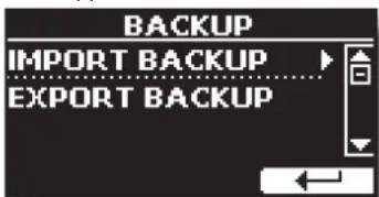 Dexibell Vivo H5 - Appuyez sur le bouton [MENU/EXIT] et sélectionnez la fonction BACKUP. Voir "Déplacement du curseur et réglage des valeurs des paramètres" (p. 22). - 1