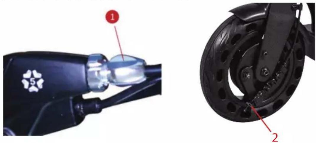 Technical diagram showing a scooter handle and its internal components with numbered labels