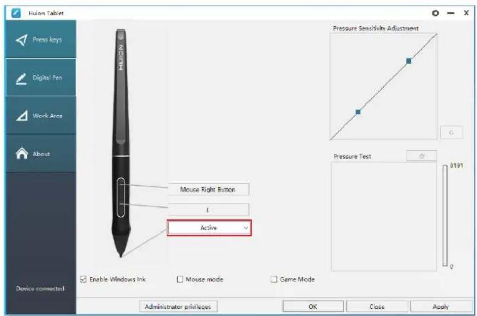 Huilon Tablet Press keys Digital Pen Work Area About Device connected Mouse Right Button E Active Enable Windows Ink Mouse mode Game Mode Pressure Sensitivity Adjustment Pressure Test 0191 Administrator privileges OK Close Apply