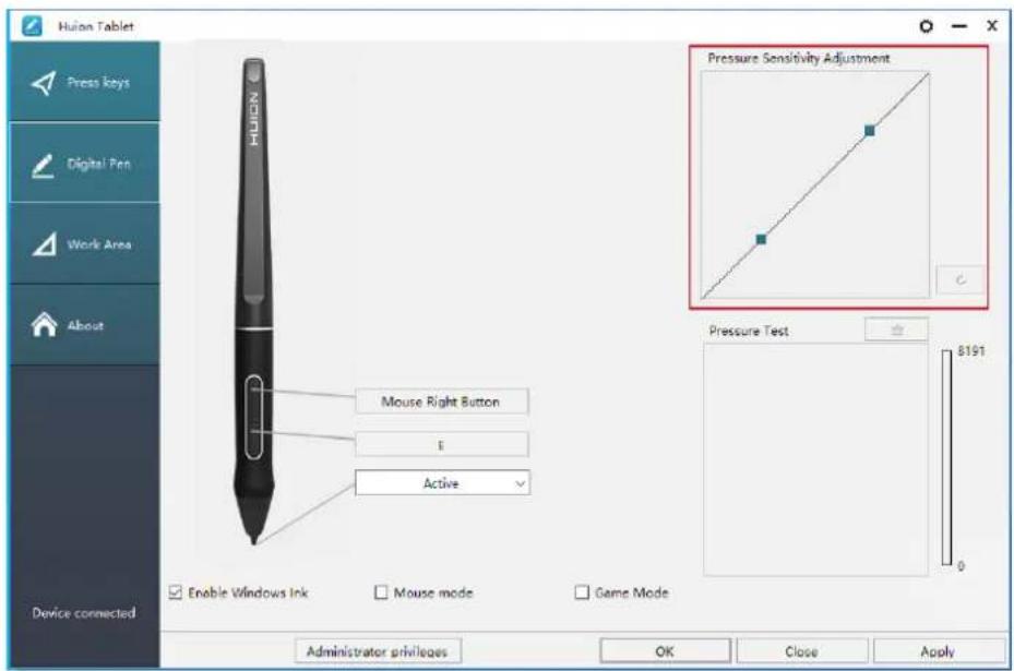 Huilon Tablet Press keys Digital Pen Work Area About Device connected Mouse Right Button E Active Enable Windows Ink Mouse mode Game Mode Pressure Sensitivity Adjustment Pressure Test 8191 0 Administrator privileges OK Close Apply