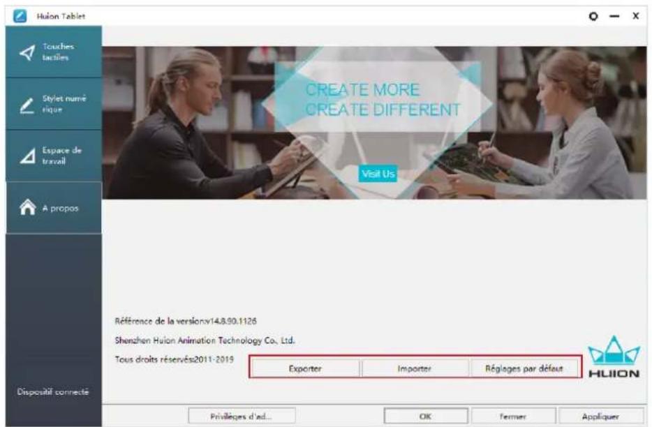 Huion Tablet Touches tactiles Stylet numé rique Espace de travail A propos CREATE MORE CREATE DIFFERENT Visit Us Référence de la versionv14.8.90.1126 Shenzhen Huion Animation Technology Co., Ltd. Tous droits réservés2011-2019 Exporter Importer Réglages par défaut HULION Privilèges d'ad... OK Former Appliquer
