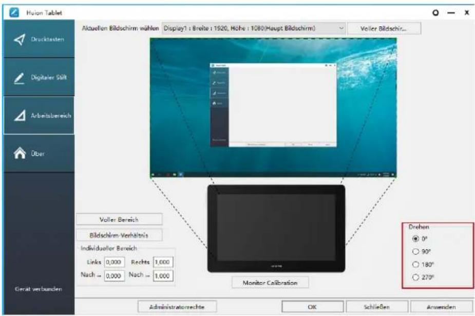 Huion Tablet Drucklasten Digitaler Sätt Arbeitsbereich Über Gerauf verbunden Aktuellen Bildschirm wählen Display1 : Breite : 1920, Höhe : 1080(Haupt Bildschirm) Voller Bildschir... Voller Bereich Bildschirm-Verhältnis Individueller Bereich Links 0,000 Rechts 1,000 Nach ... 0,000 Nach ... 1,000 Drohen ● 0° ○ 90° ○ 180° ○ 270° Monitor Calibration Administratorrechte OK Schließen Anwenden