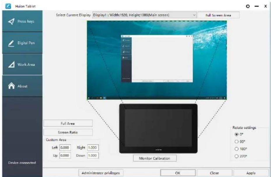 Huion Tablet Select Current Display Display1 : Width:1920, Height:1080(Main screen) Full Screen Area Full Area Screen Ratio Custom Area Left 0.000 Right 1.000 Up 0.000 Down 1.000 Monitor Calibration Rotate settings ● 0° ○ 90° ○ 180° ○ 270° Device connected Administrator privileges OK Close Apply