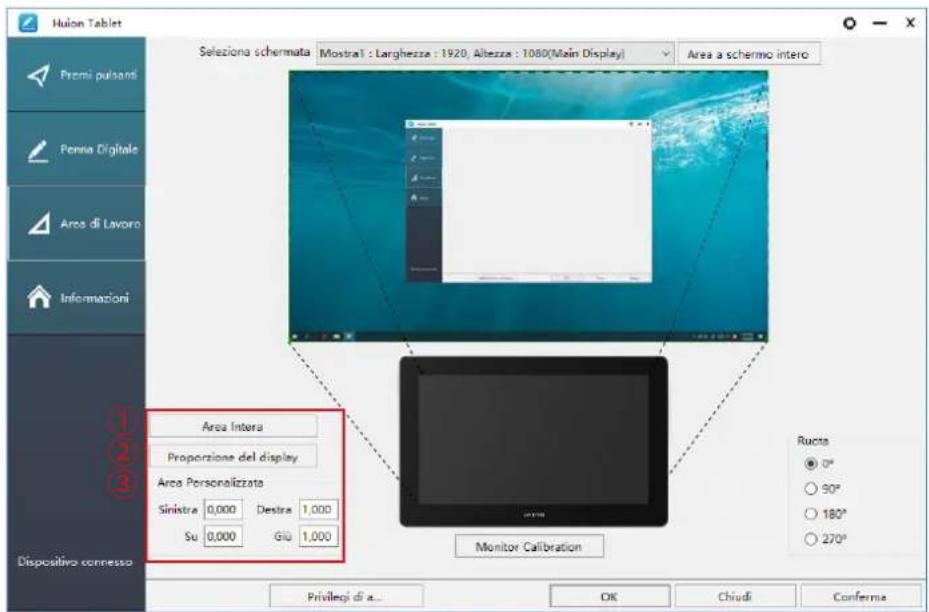 Huilon Tablet Selezione schermata Mostral : Larghezza : 1920, Altezza : 1080(Main Display) Area a schermo intero Area Intera Proportione del display Area Personalizzata Sinistra 0,000 Destra 1,000 Su 0,000 Giu 1,000 Monitor Calibration Ructs ● 0° ○ 90° ○ 180° ○ 270° Privilegi di... OK Chiudi Conferme