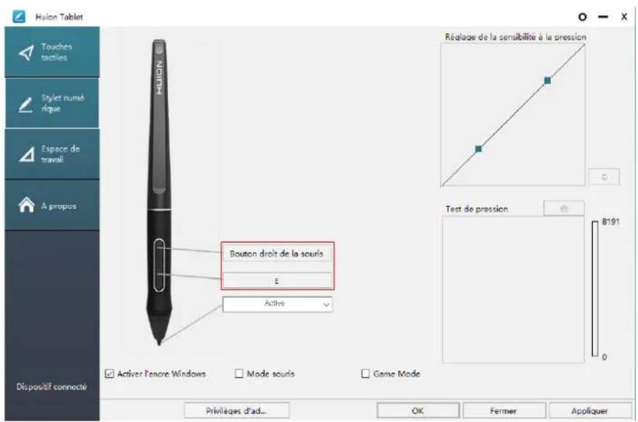 Hulon Tablet Touches tactiles Stylet numé rique Espace de travati A propios Dispositif connecté Bouton droit de la souris E Active Prévilèges d'ad... OK Fermer Appliquer Réapage de la sensibilité à la pression Test de pression 8191 0